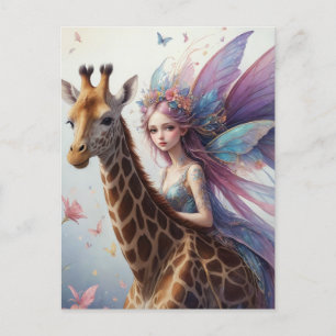 Cute Fairy Rides a Giraffe Vykort