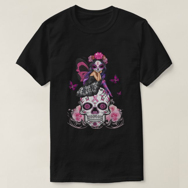 Cute Fairy Sugar Skull Bröstfjäril för bröstcancer T Shirt (Design framsida)