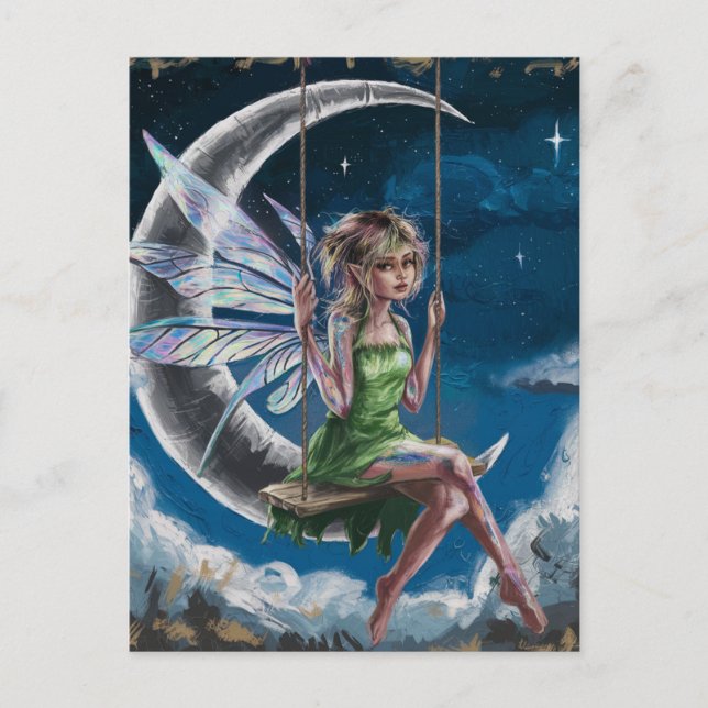 Cute Fairy Swinging längst fram i Måne Vykort (Framsida)