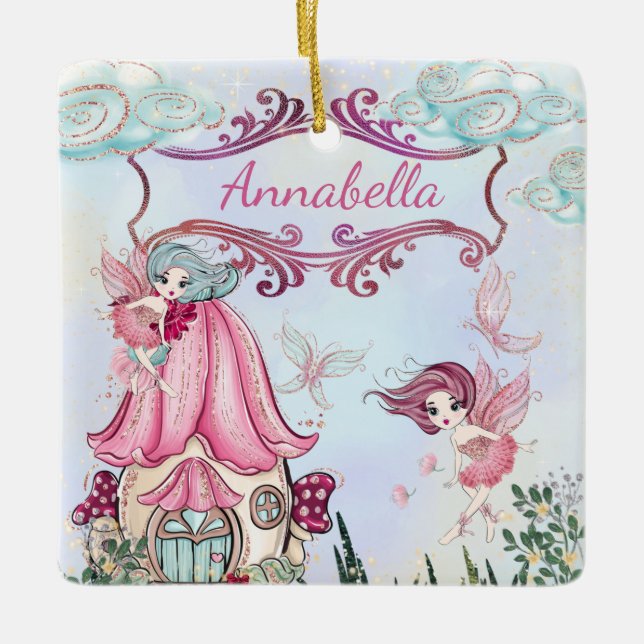 Cute Fairy Tale Garden med eget namn Julgransprydnad Keramik (Framsida)