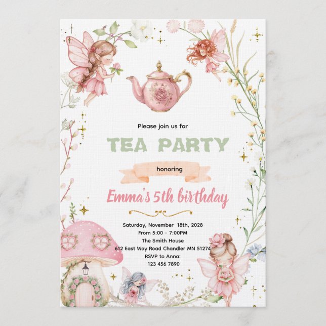 Cute fairy tea party invitation inbjudningar (Framsida)