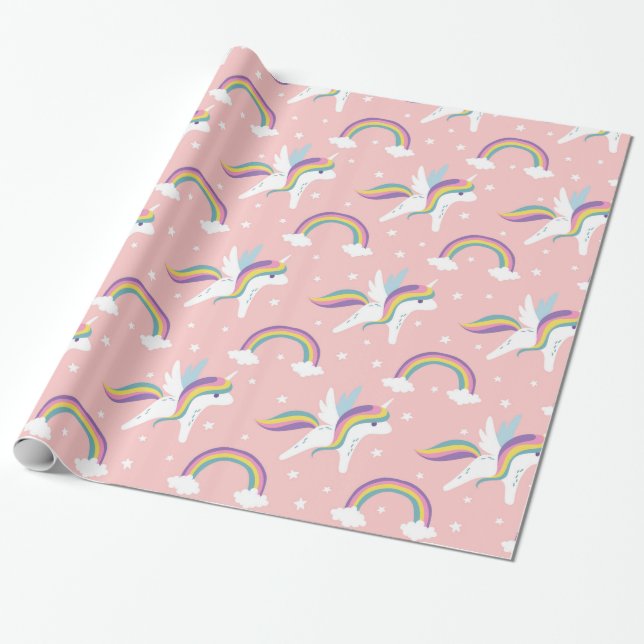 Cute Fairy Unicorn + rainbows rosa bakgrund Presentpapper (Utrullad)