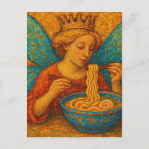 Cute Fairy with Blue Vingar Eating Ramen Vykort