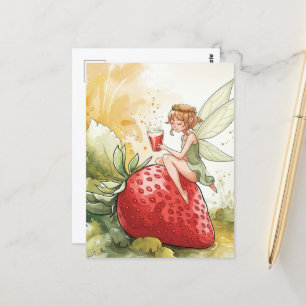 Cute Fairy with Glass of Strawberry Slår Fantasy Vykort