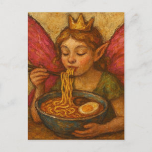 Cute Fairy with Rosa Vingar Eating Ramen Vykort