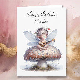 Cute Fairy with Viola on Mushroom Birthday Kort