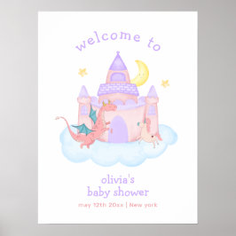 Cute Fairytale Dragon Unicorn Baby Shower Välkomme Poster