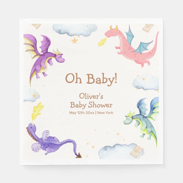 Cute Fairytale Magic Dragon Baby Shower Pappersservett (Framsidan)