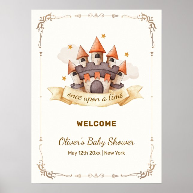 Cute Fairytale Prince Castle Baby Shower Welcome Poster (Framsidan)