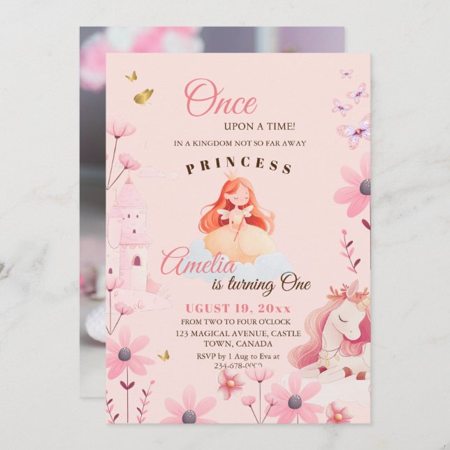 Cute Fairytale Princess Birthday Inbjudningar (Fram/baksida)
