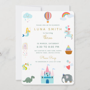 Cute Fairytale Princess Dragon Colorful Birthday Inbjudningar