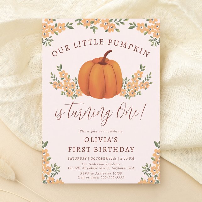 Cute Fall Blommigt Little Pumpkin Girl 1st Birth D Inbjudningar (Skapare uppladdad)