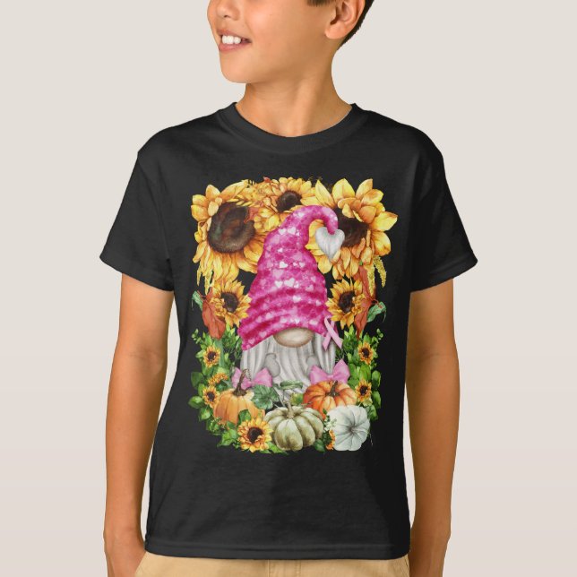 Cute Fall Breast Cancer Gnome for Women and Sunflo T Shirt (Framsida)