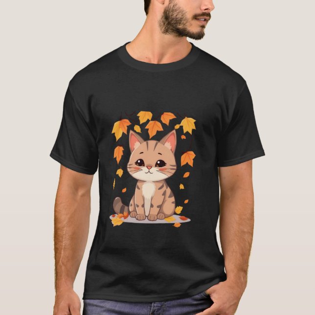 Cute Fall Cat Autumn Leaves Gold Orange Art ✨🐾🍂 T Shirt (Framsida)