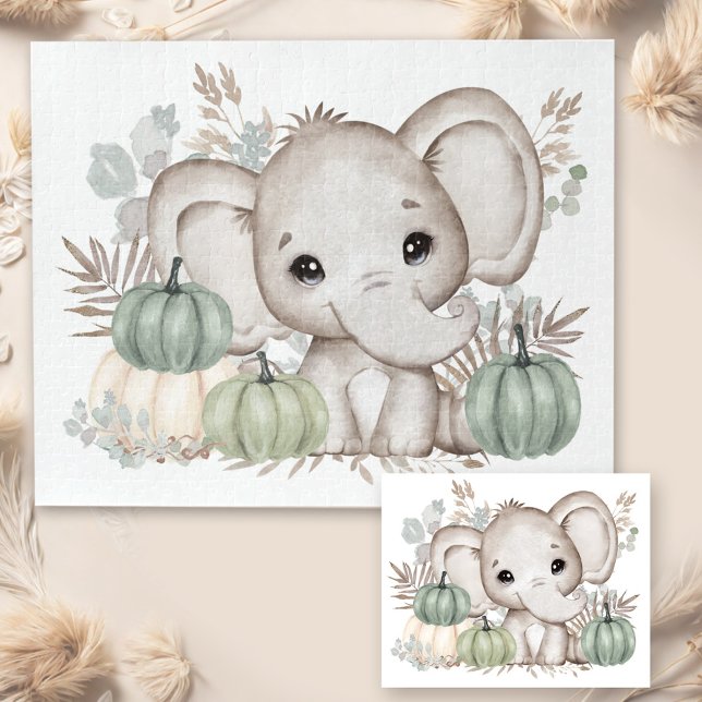 Cute Fall Elephant och Pumpkins Jigszle Puzzle Pussel (Cute Fall Elephant And Pumpkins Jigsaw Puzzle)