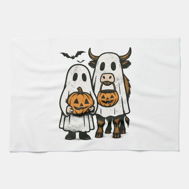 Cute Fall Highland Cow Ghost Halloween 2 Kökshandduk (Horisontell)