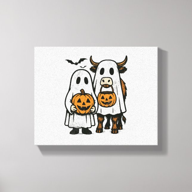 Cute Fall Highland Cow Ghost Halloween Canvastryck (Framsida)