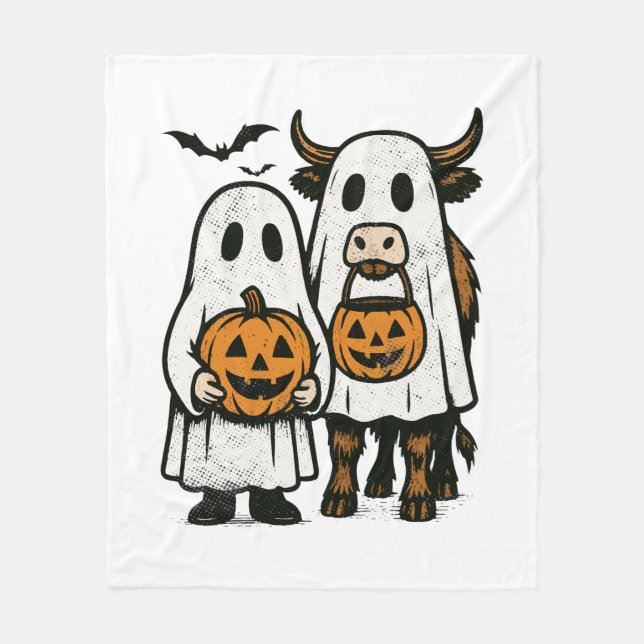 Cute Fall Highland Cow Ghost Halloween Fleecefilt (Framsidan)
