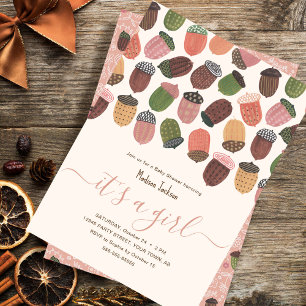 Cute Fall Rosa Acorns Girl Baby dusch Party Inbjudningar