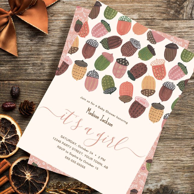 Cute Fall Rosa Acorns Girl Baby dusch Party Inbjudningar (Cute Fall Pink Acorns girl Baby shower Party Invitation)