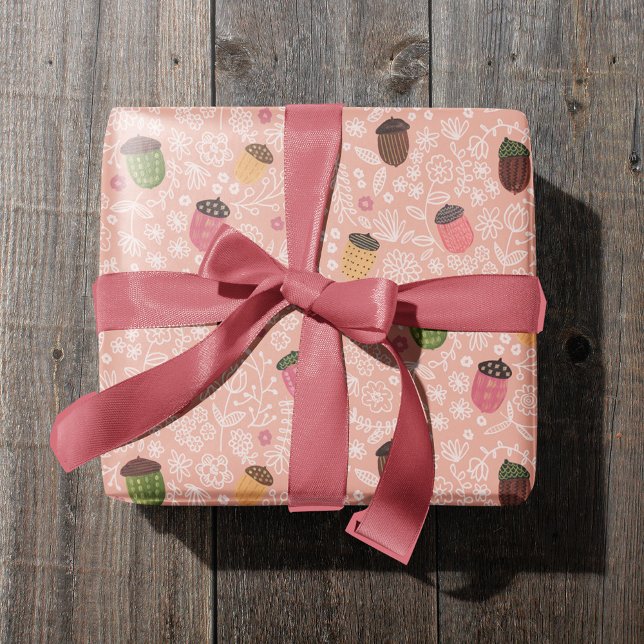 Cute Fall Rosa Autumn Acorn Presentpapper (Cute Fall Pink Autumn Acorn Wrapping Paper)