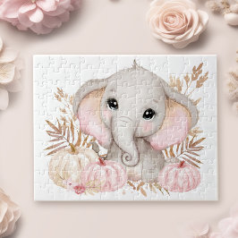 Cute Fall Rosa Elephant och Pumpkins Pussel