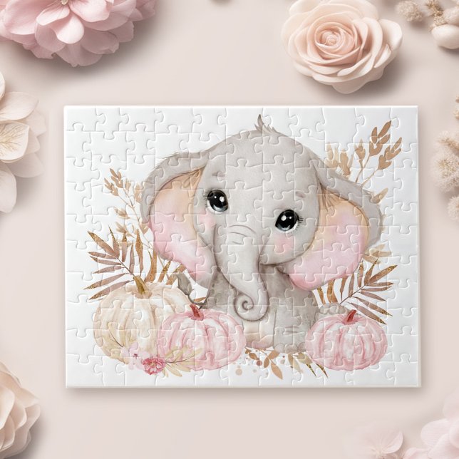 Cute Fall Rosa Elephant och Pumpkins Pussel (Cute Fall Pink Elephant And Pumpkins Jigsaw Puzzle)