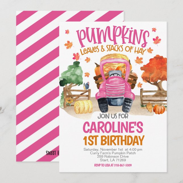 Cute Fall Rosa Pumpkin Girls Birthday Inbjudningar (Fram/baksida)