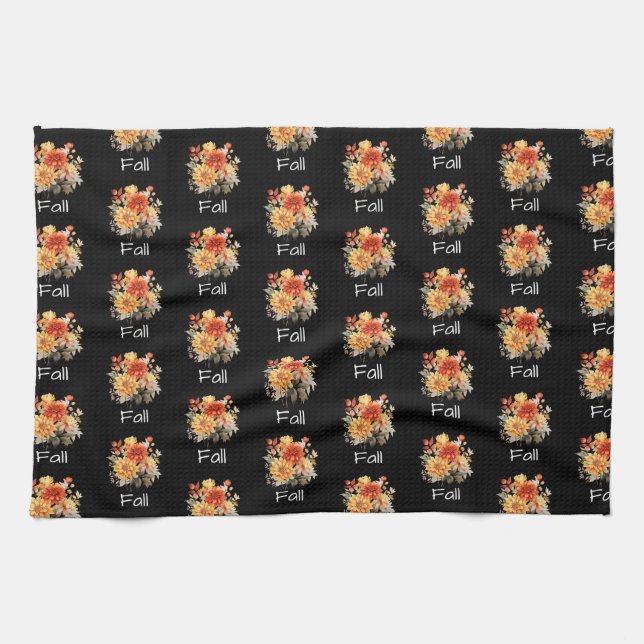 Cute Fall Théred Mönster | Blommigt, svart Kökshandduk (Horisontell)