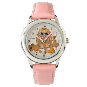 Cute fall uggla med anpassat namn med klocknummer armbandsur
