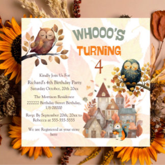 Cute Fall Uggla/Squirrel Boy Birthday-inbjudan Inbjudningar