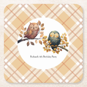 Cute Fall Uggla & Squirrel Boy Birthday Underlägg Papper Kvadrat