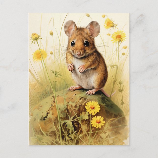 Cute Fält Mouse med Gula blommor Vykort (Framsida)