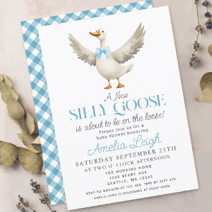 Cute Fånig Goose Blue Ribbon Boy Shower Inbjudningar
