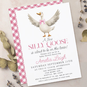 Cute Fånig Goose Rosa Ribbon Girl Baby Shower Inbjudningar