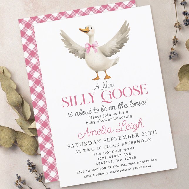 Cute Fånig Goose Rosa Ribbon Girl Baby Shower Inbjudningar (Skapare uppladdad)