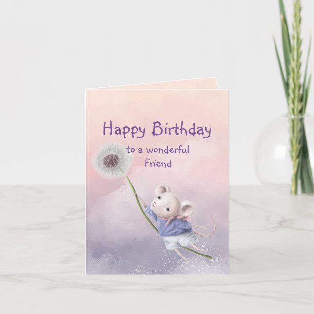 Cute Fantasy Birthday Friend Mouse Dandelion Kort (Framsida)