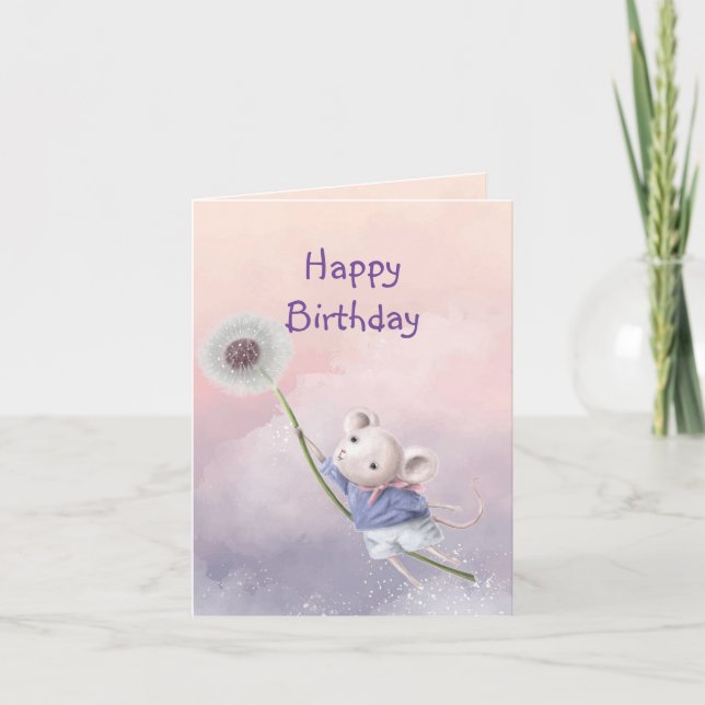 Cute Fantasy Birthday Mouse Dandelion Flygande Kort (Framsida)