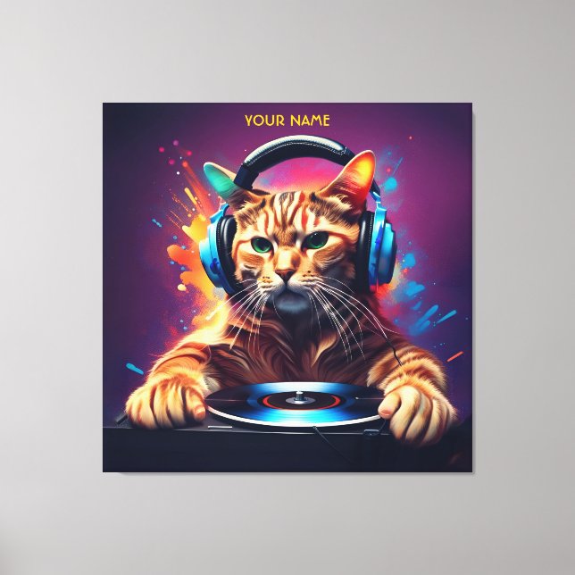 Cute Fantasy Cat DJ Vinyl Canvastryck (Framsida)