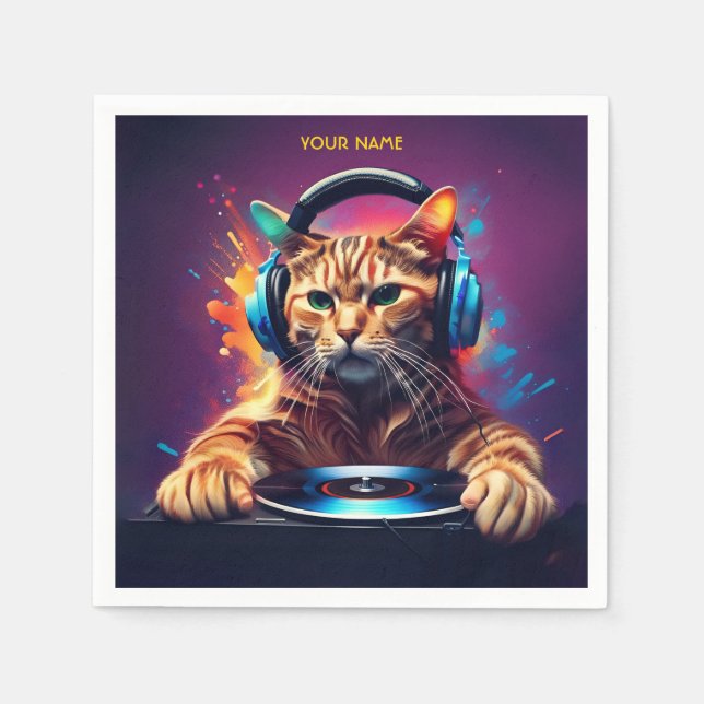 Cute Fantasy Cat DJ Vinyl Pappersservett (Framsidan)