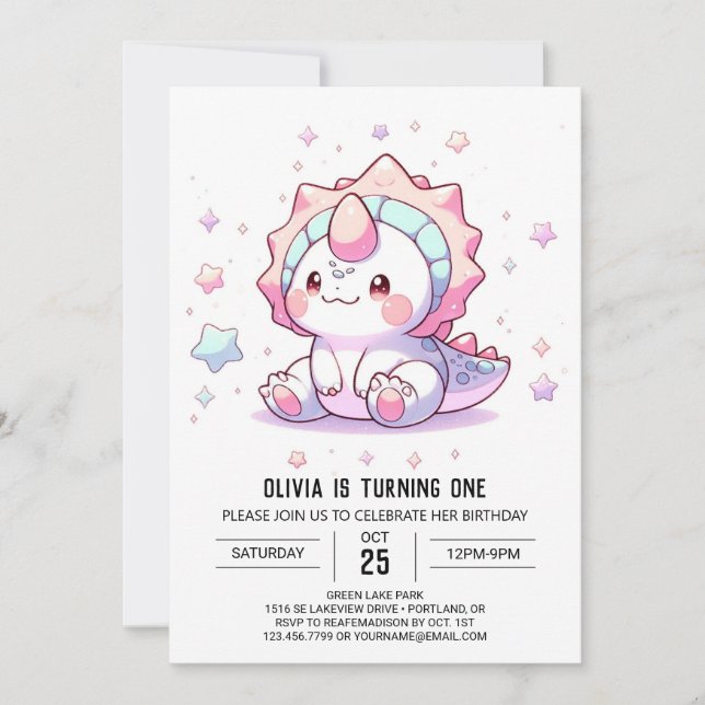 Cute Fantasy Dinosaur 1:a födelsedagen Inbjudningar (Framsida)