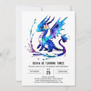 Cute Fantasy Dragon Digital Girl Birthday Inbjudningar
