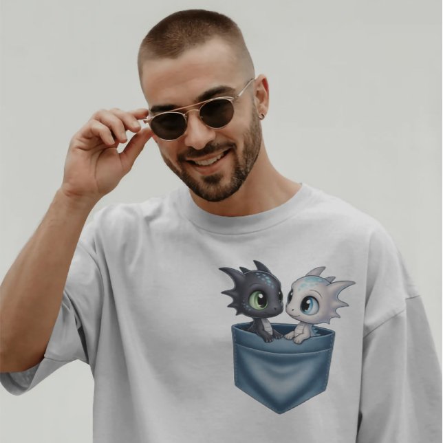 Cute Fantasy Dragons in Pocket | Baby Dragon Duo T Shirt (Toothless.LightFury.HTTYD.HowToTrainYourDragon.DragonLovers.CoupleShirts.BestFriendTees)