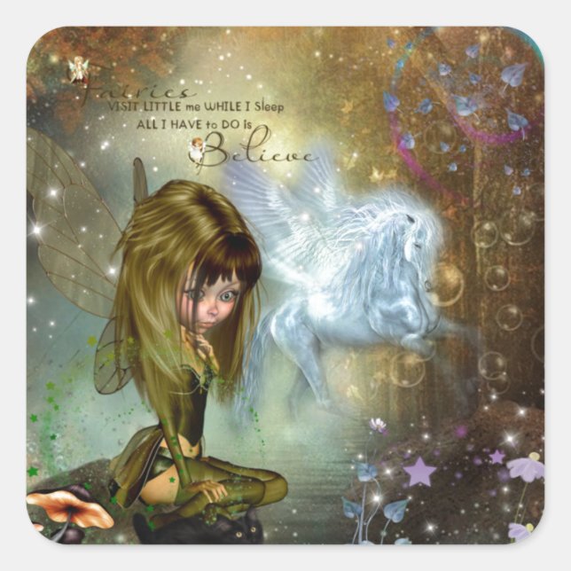 Cute Fantasy Fairy & Pegasus Tro Quote Fyrkantigt Klistermärke (Framsida)