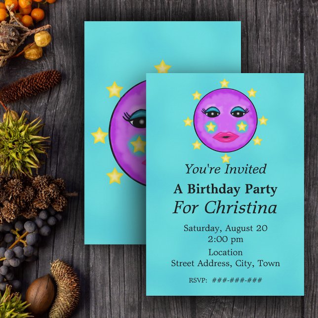Cute Fantasy Lila Måne Ansikte Stars Birthday Inbjudningar (Cute Purple moon with face circled with stars on Aqua blue Birthday party invitations.)