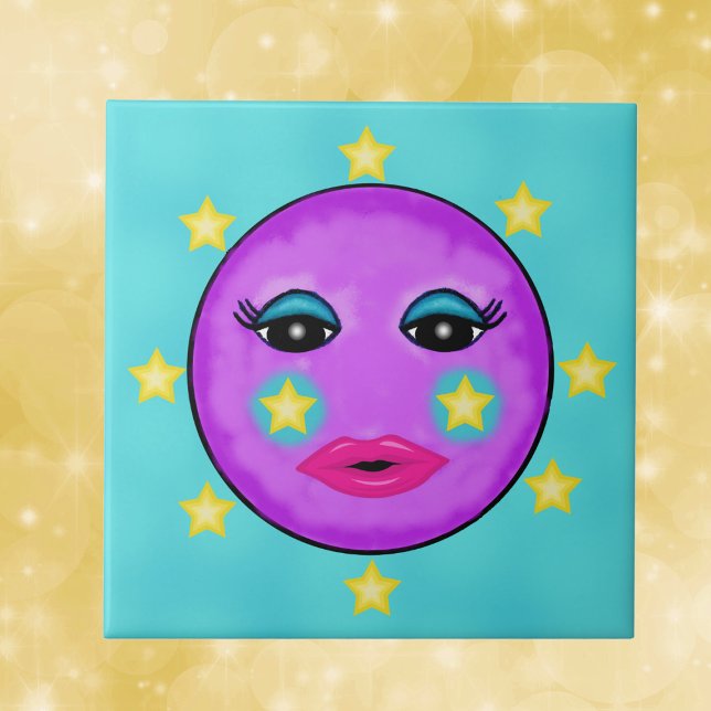 Cute Fantasy Lila Måne Ansikte Stars Kakelplatta (Purple moon with face pink lips surrounded by yellow stars on aqua blue decorative tile.)
