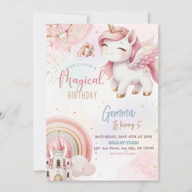Cute Fantasy Rosa Guld Unicorn Castle Birthday Inbjudningar (Framsida)