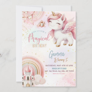 Cute Fantasy Rosa Guld Unicorn Castle Birthday Inbjudningar