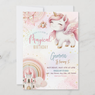 Cute Fantasy Rosa Guld Unicorn Castle Birthday Inbjudningar