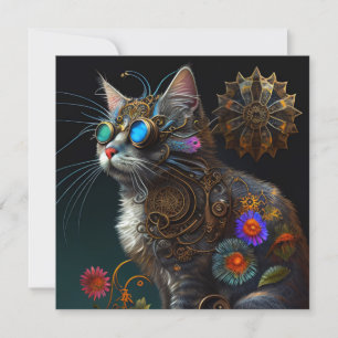 Cute fantasy steampunk cat and blommor AI art